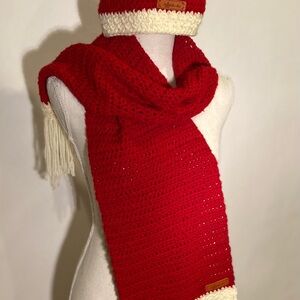 Red and Cream Knit Scarf and Hat Set